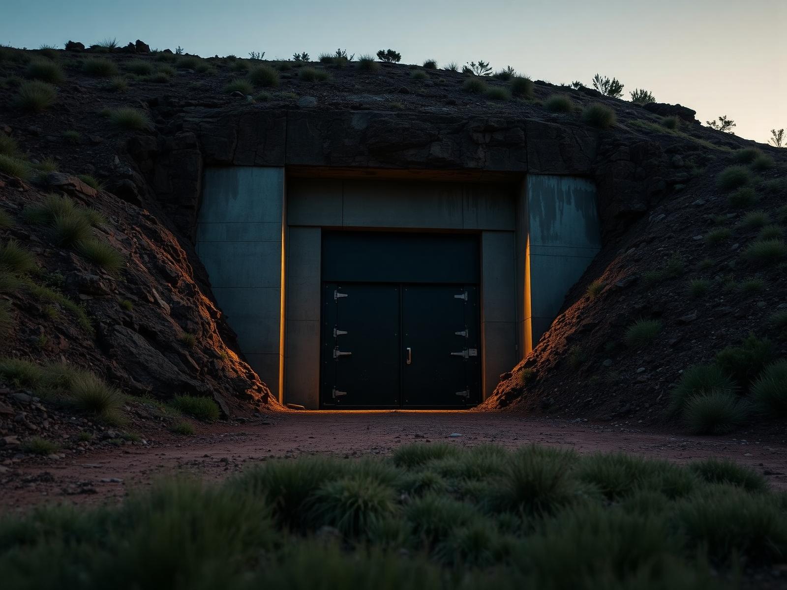 Reinforced bunker entrance in an Australian hillside at dusk